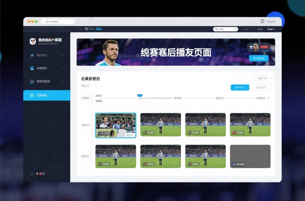 比赛结束后，电视屏幕展示集锦回放页面，旁边有时间轴和多角度切换提示